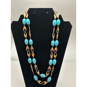 VTG 1960 Ballot Double Strand Turquoise Blue Bead Gold Leaf Link Necklace